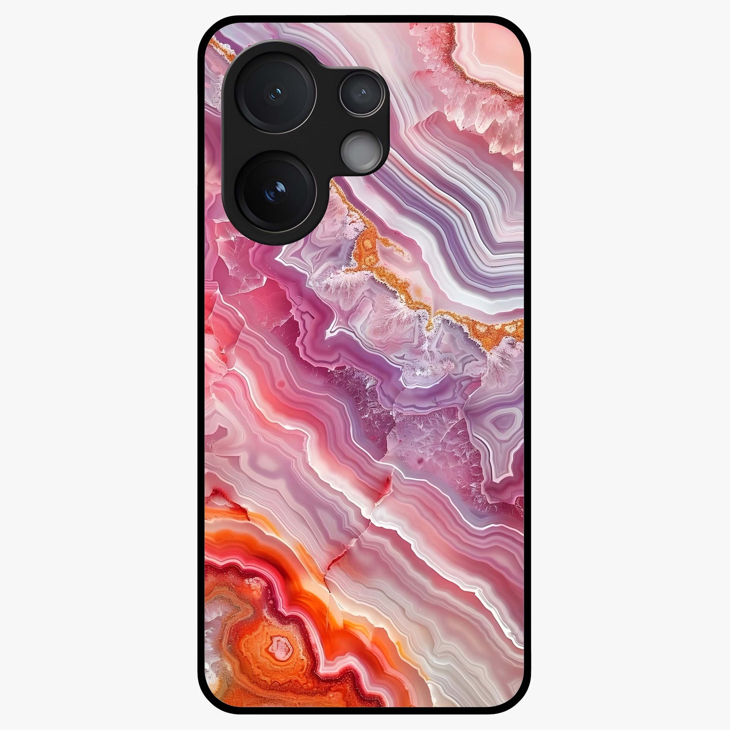 Rose Quartz Marble Glass Case showing flat back view with pink marble quartz texture artwork and glossy glass finish.