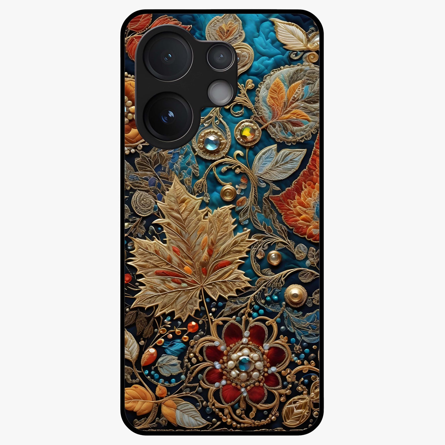 Royal Jewel Garden Glass Case showing flat back view with decorative floral garden artwork and glossy glass finish.