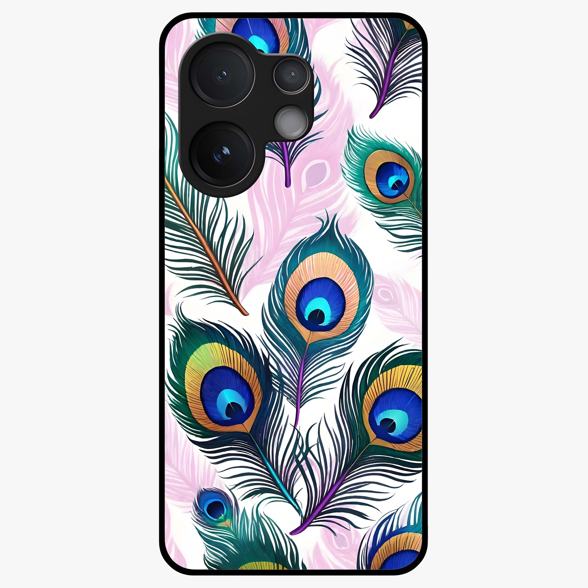 Royal Peacock Feathers Glass Case showing flat back view with colorful peacock feather artwork and glossy glass finish.