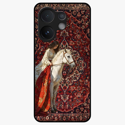Royal Rider Tapestry Glass Case showing flat back view with majestic horse rider tapestry artwork and glossy glass finish.