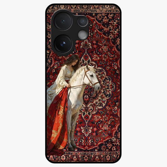 Royal Rider Tapestry Glass Case showing flat back view with majestic horse rider tapestry artwork and glossy glass finish.
