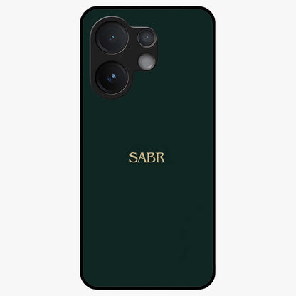 Sabr Minimal Patience Glass Case showing flat back view with minimalist typography artwork and glossy glass finish.