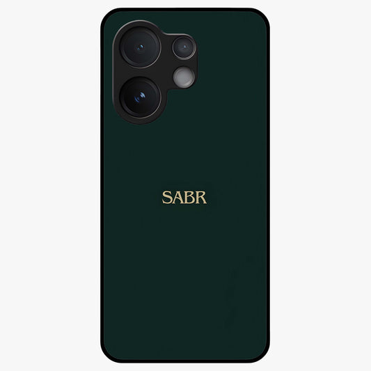 Sabr Minimal Patience Glass Case showing flat back view with minimalist typography artwork and glossy glass finish.