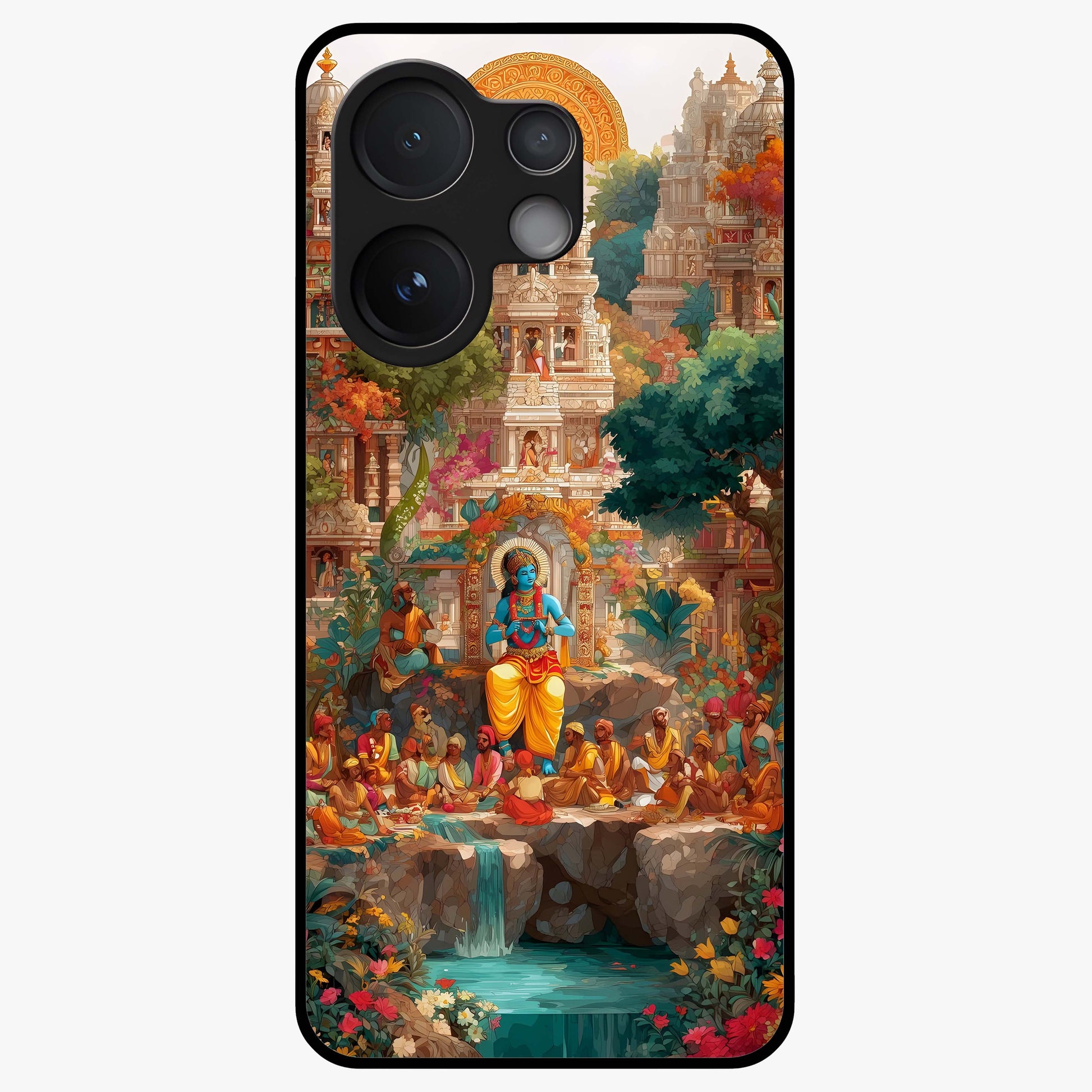 Sacred Sunlight Gods Glass Case showing flat back view with divine sunlight themed artwork and glossy glass finish.