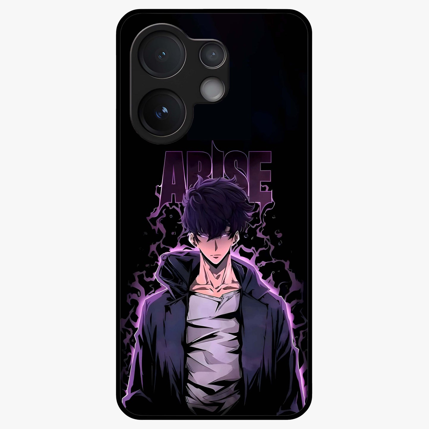 Shadow Monarch Awakening Glass Case showing flat back view with powerful dark monarch themed artwork and glossy glass finish.