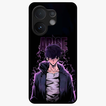 Shadow Monarch Awakening Glass Case showing flat back view with powerful dark monarch themed artwork and glossy glass finish.