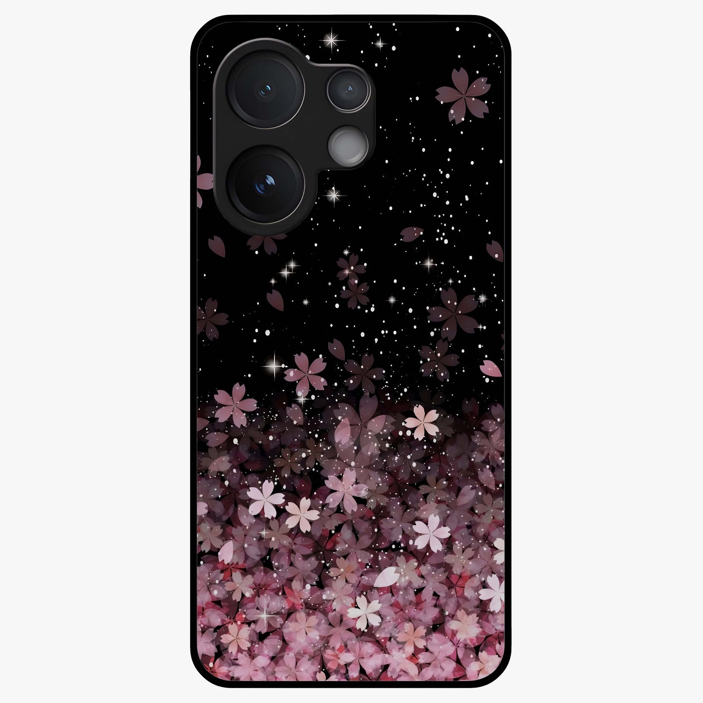 Small Starry Flowers Glass Case showing flat back view with delicate starry floral artwork and glossy glass finish.