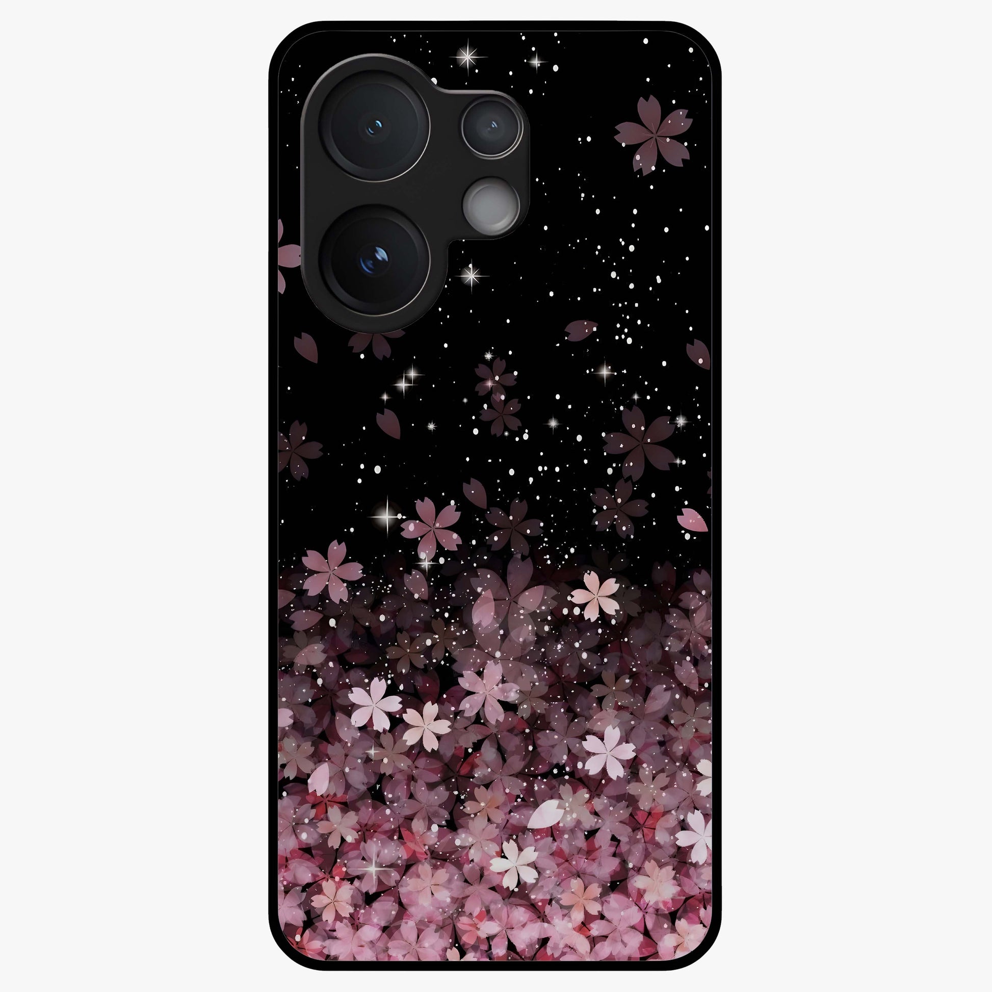Small Starry Flowers Glass Case showing flat back view with delicate starry floral artwork and glossy glass finish.