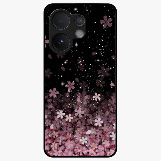 Small Starry Flowers Glass Case showing flat back view with delicate starry floral artwork and glossy glass finish.