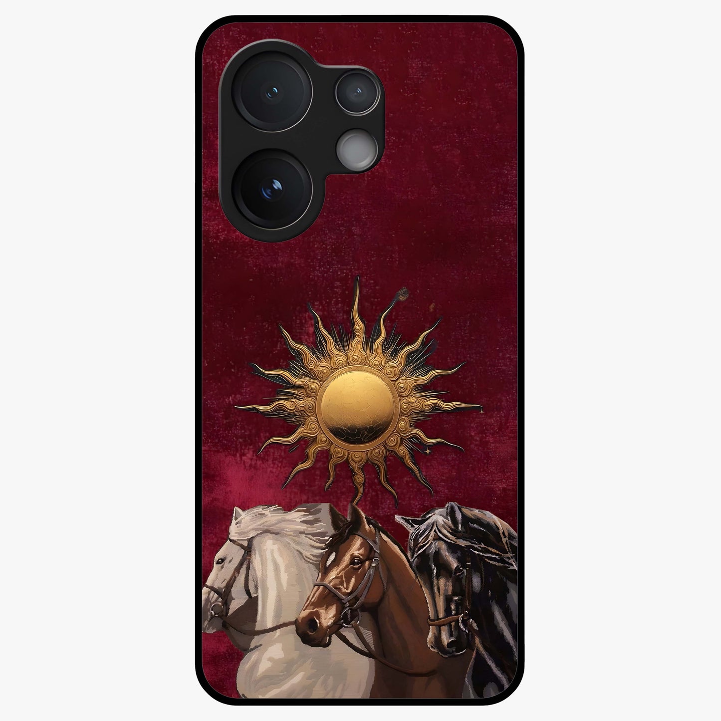 Solar Riders Glass Case showing flat back view with dynamic rider themed artwork and glossy glass finish.