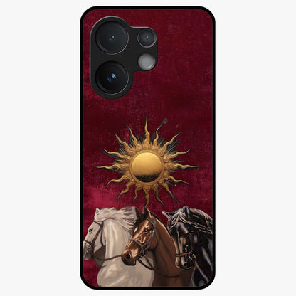 Solar Riders Glass Case showing flat back view with dynamic rider themed artwork and glossy glass finish.