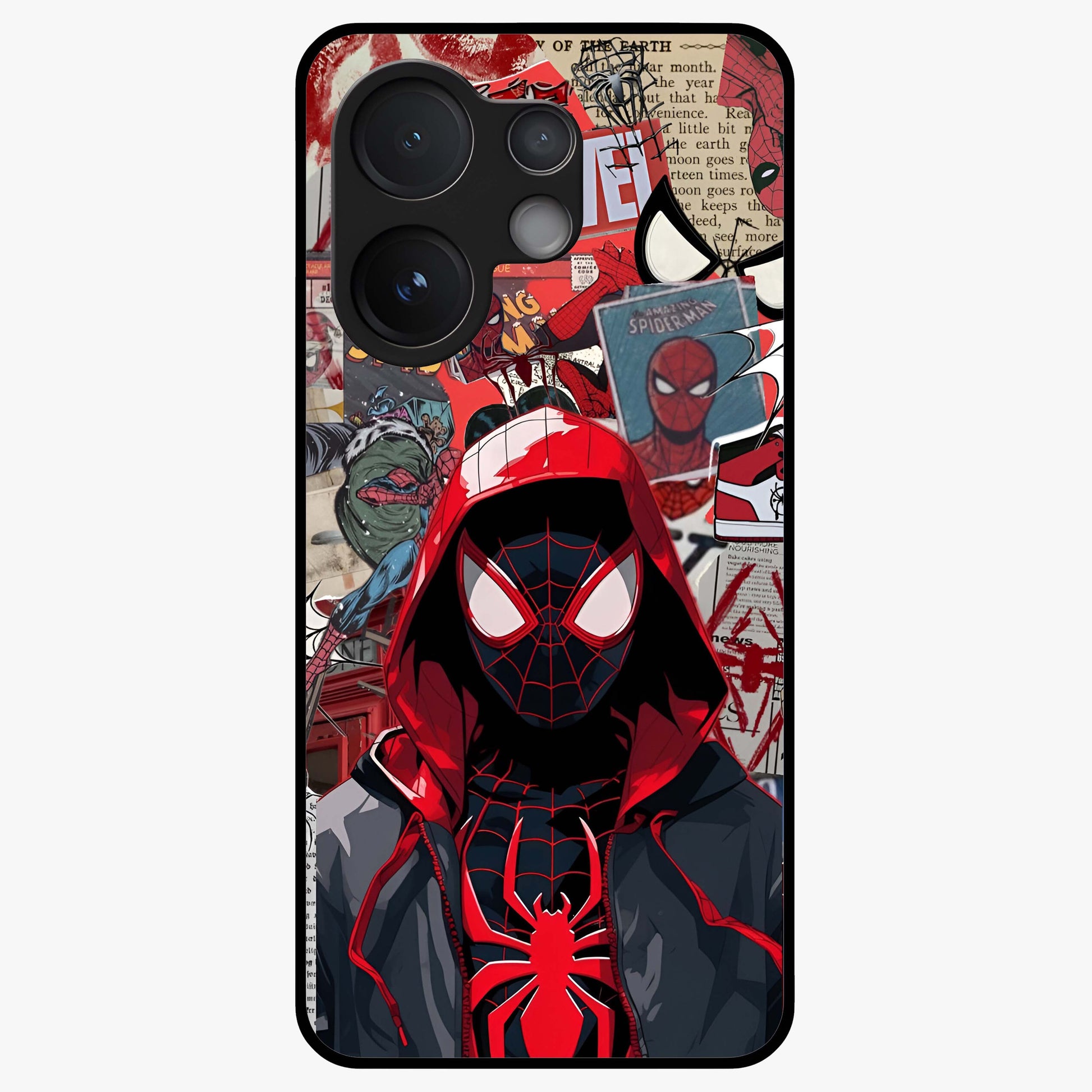 Spider Collage Street Glass Case showing flat back view with vibrant superhero collage artwork and glossy glass finish.