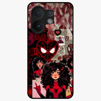 Spider Love Story Glass Case showing flat back view with romantic superhero themed artwork and glossy glass finish.