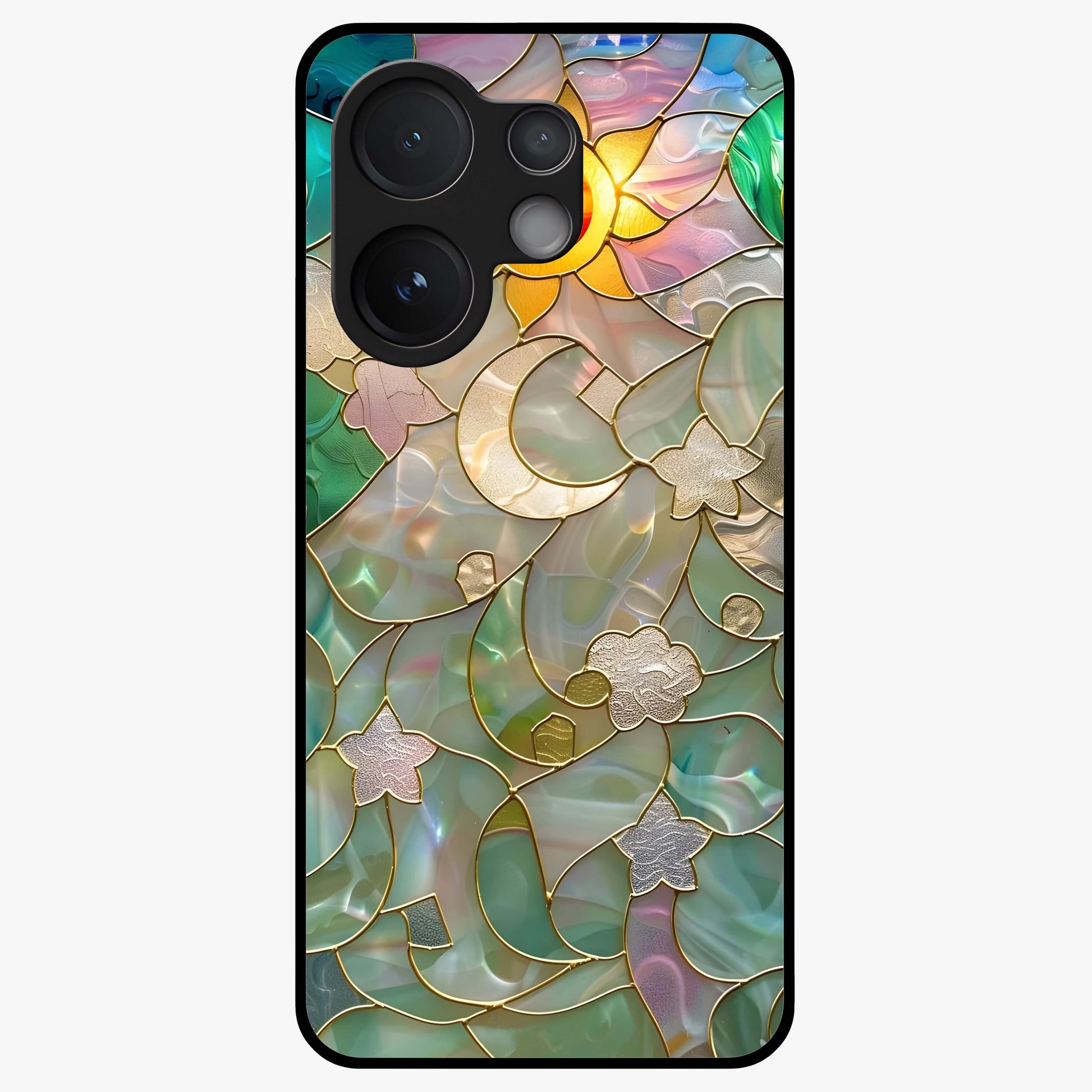 Stained Sunrise Glow Glass Case showing flat back view with glowing sunrise stained pattern artwork and glossy glass finish.