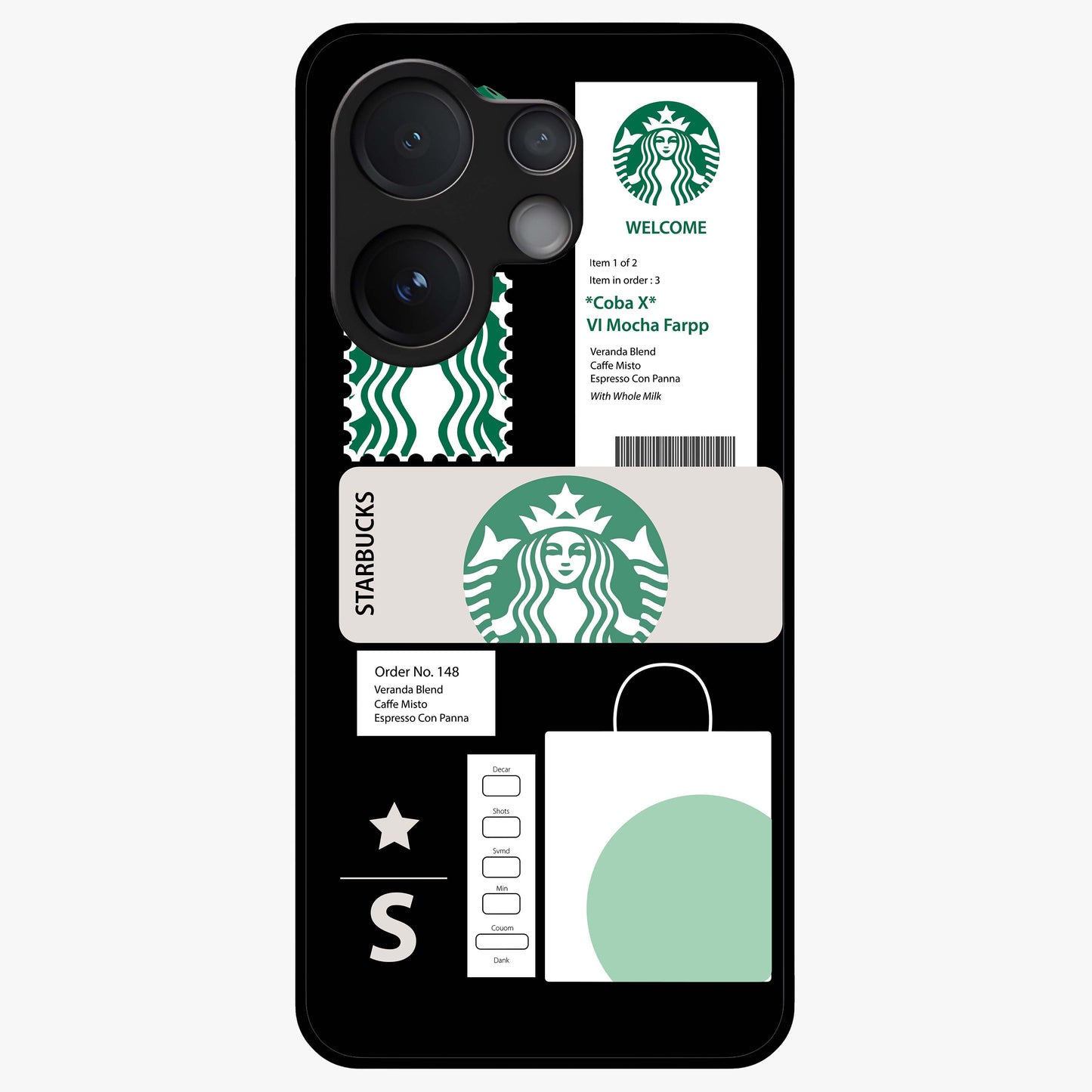 Starbucks Mocha Glass Case showing flat back view with coffee inspired artwork and glossy glass finish.