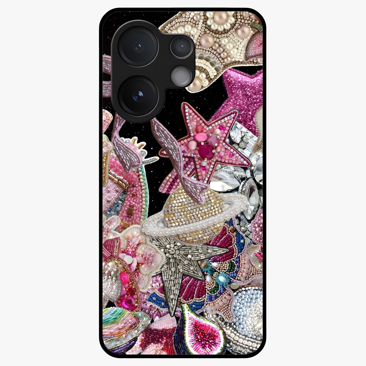 Starlit Jewel Dream Glass Case showing flat back view with sparkling jewel and star themed artwork and glossy glass finish.