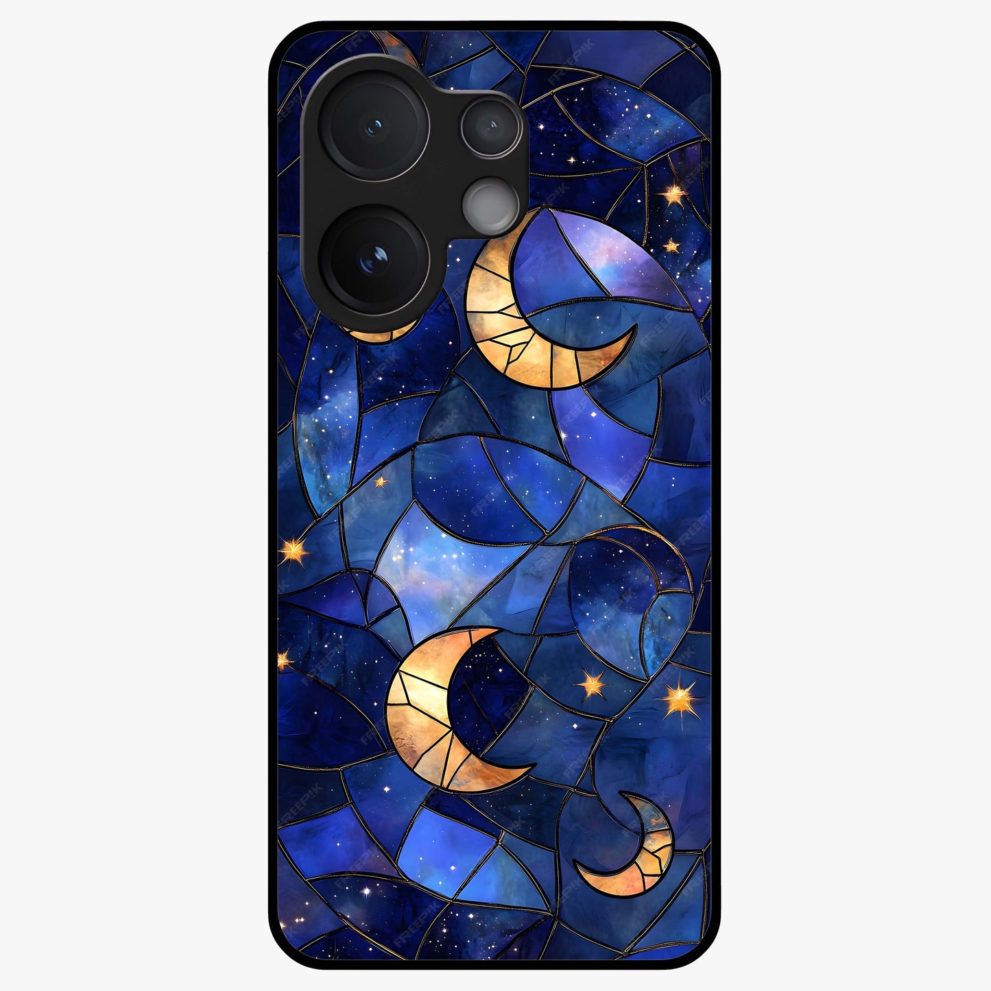 Starlit Sky Tapestry Glass Case showing flat back view with decorative starry sky tapestry artwork and glossy glass finish.