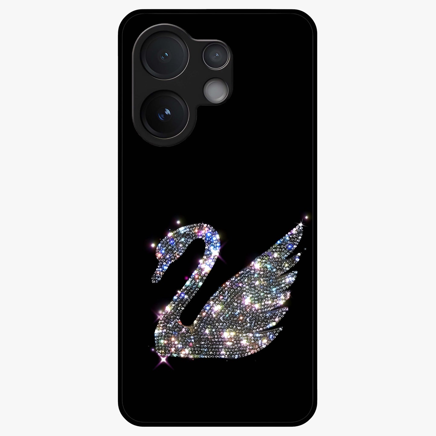 Starlit Swan Grace Glass Case showing flat back view with graceful swan artwork under starry sky and glossy glass finish.