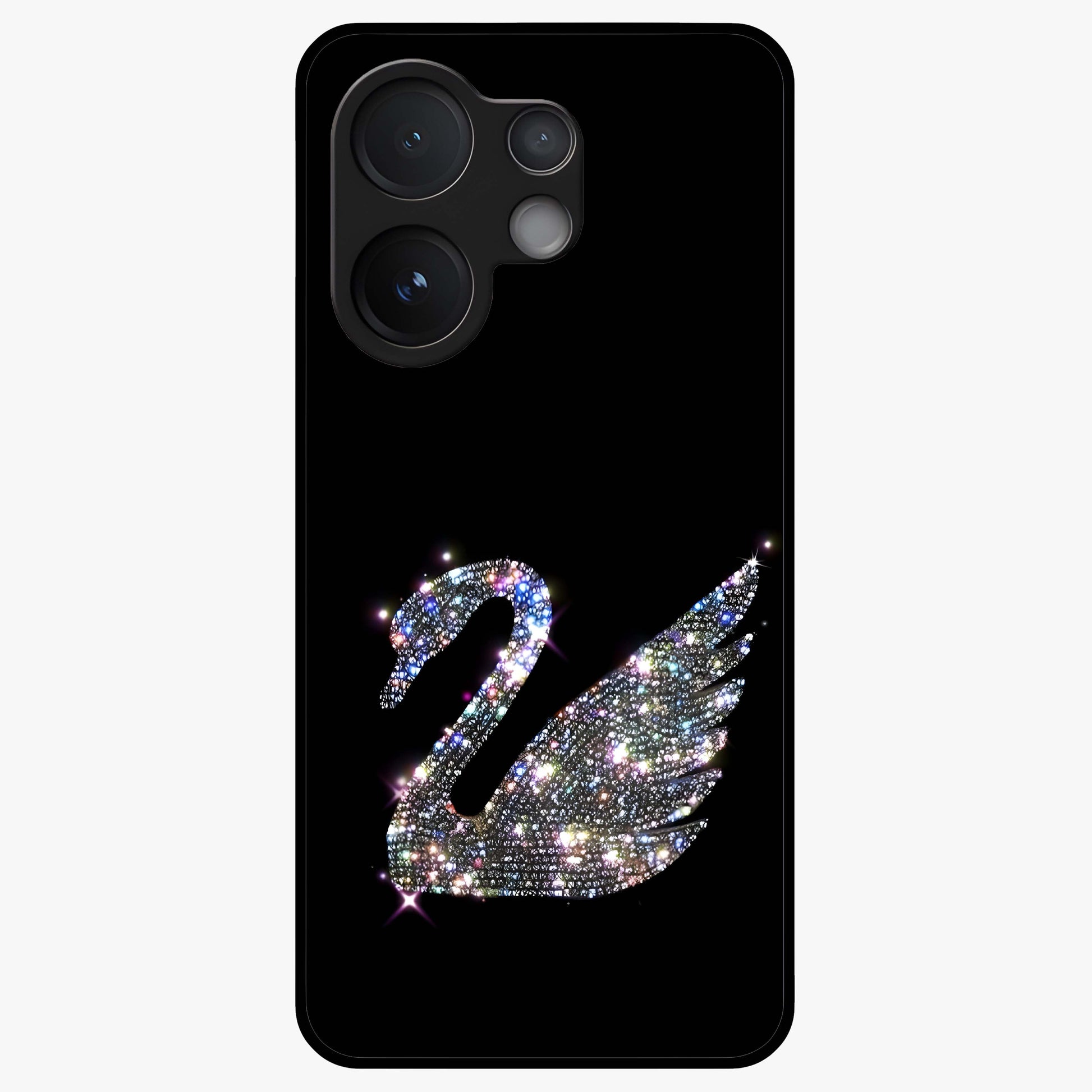 Starlit Swan Grace Glass Case showing flat back view with graceful swan artwork under starry sky and glossy glass finish.