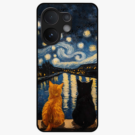 Starry River Cats Glass Case showing flat back view with cats by a starry river artwork and glossy glass finish.