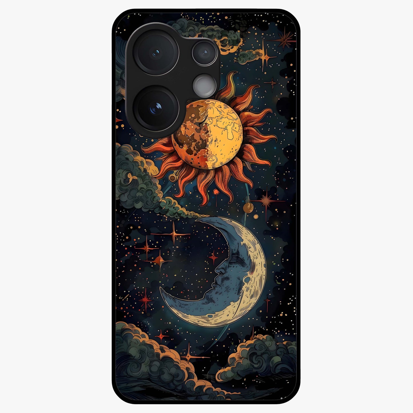 Sun And Moon Magic Design Glass Case showing flat back view with mystical sun and moon artwork and glossy glass finish.