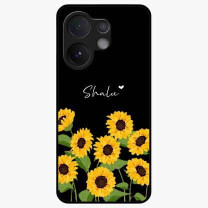Sunflower Chic Mood Custom Name Glass Case showing flat back view with stylish sunflower artwork and personalized name design.
