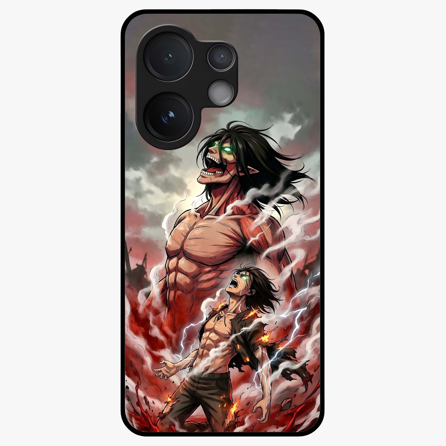 Titan Awakening Fury Glass Case showing flat back view with powerful titan inspired artwork and glossy glass finish.