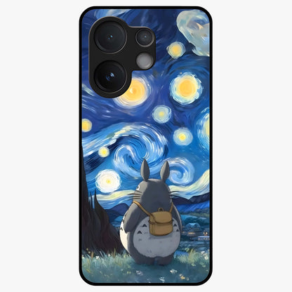 Totoro In Van Gogh Art Glass Case showing flat back view with whimsical character artwork inspired by Van Gogh style and glossy glass finish.