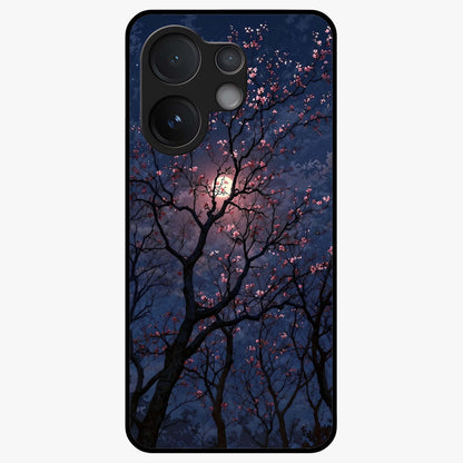 Twilight Sakura Serenade Glass Case showing flat back view with cherry blossom artwork at twilight and glossy glass finish.