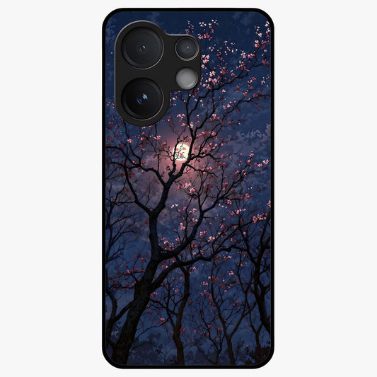 Twilight Sakura Serenade Glass Case showing flat back view with cherry blossom artwork at twilight and glossy glass finish.