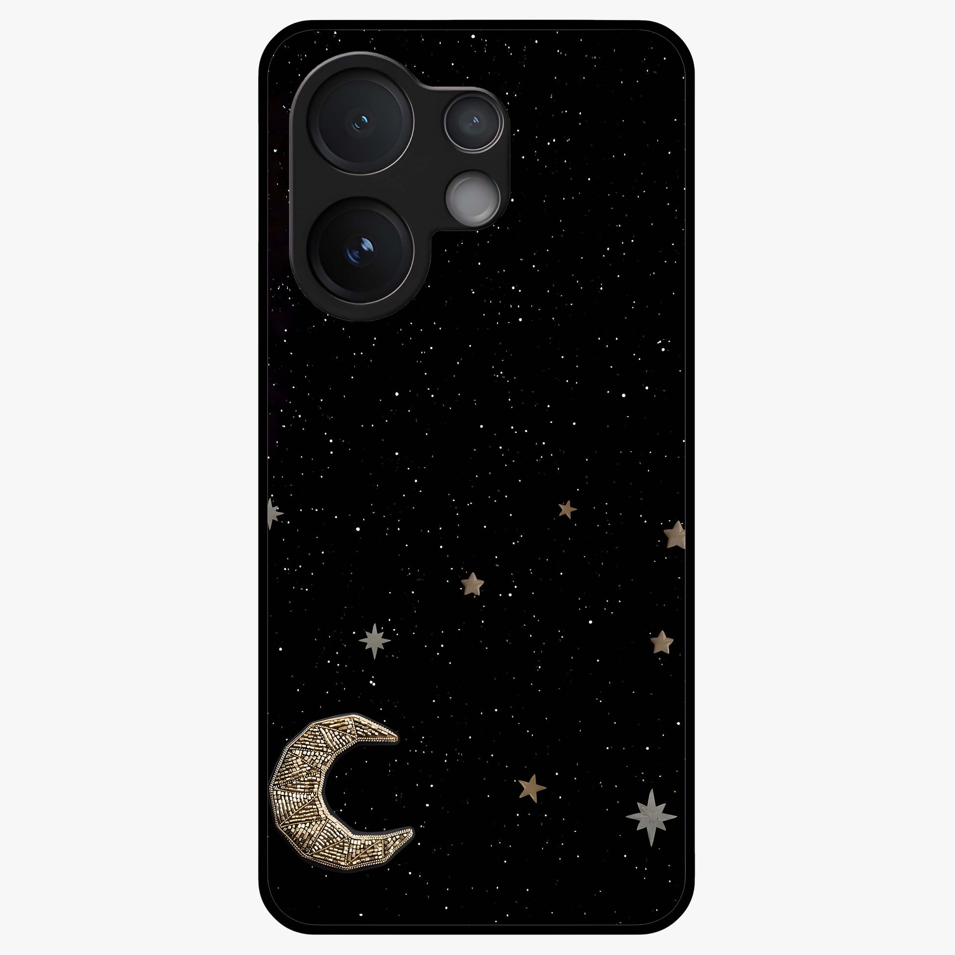Twinkle Star With Half Moon Glass Case showing flat back view with star and half moon artwork and glossy glass finish.