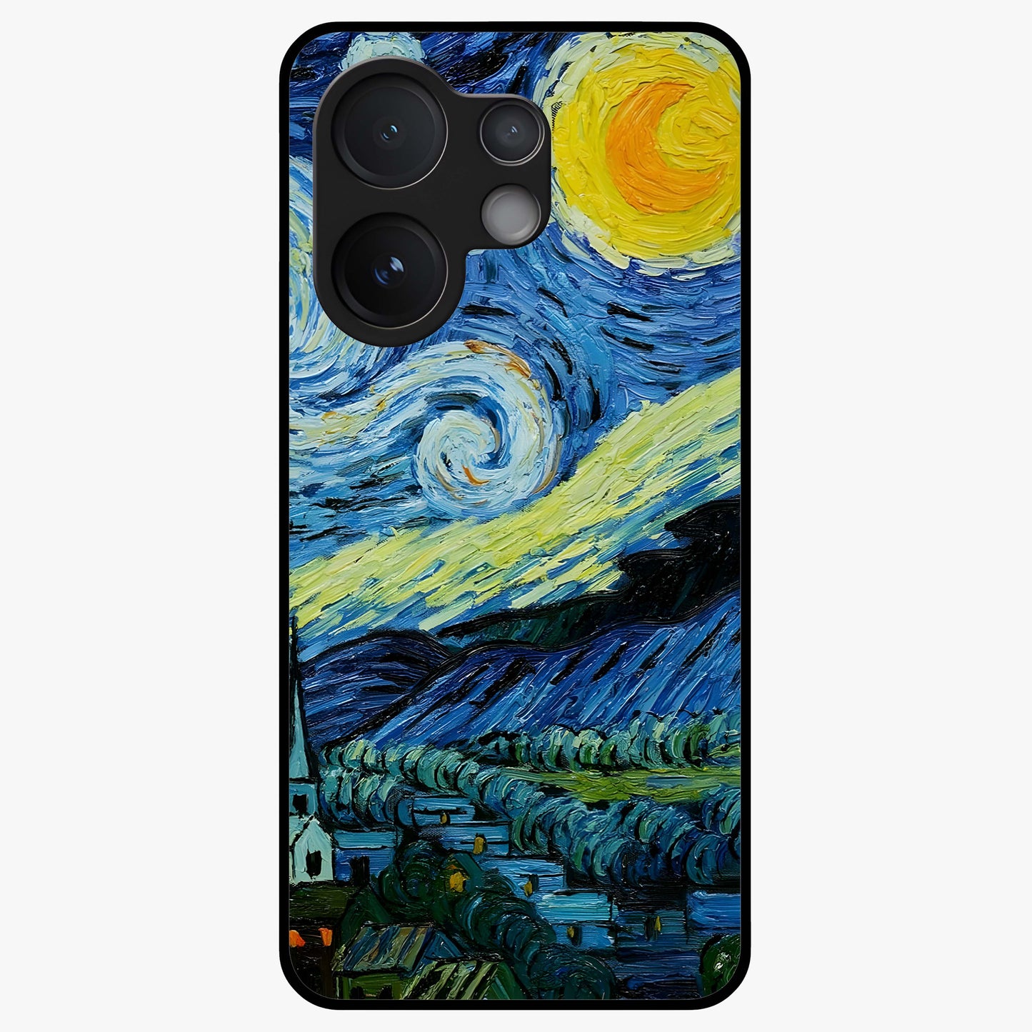 Van Gogh Art Glass Case showing flat back view with classic painterly artwork inspired by Van Gogh style and glossy glass finish.