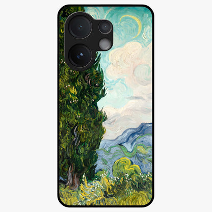 Van Gogh Vintage Art Glass Case showing flat back view with vintage painterly artwork inspired by Van Gogh style and glossy glass finish.
