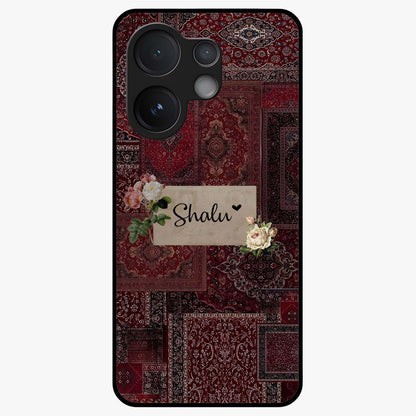 Velvet Wine Pattern Custom Name Glass Case showing flat back view with elegant wine colored pattern artwork and personalized name design.