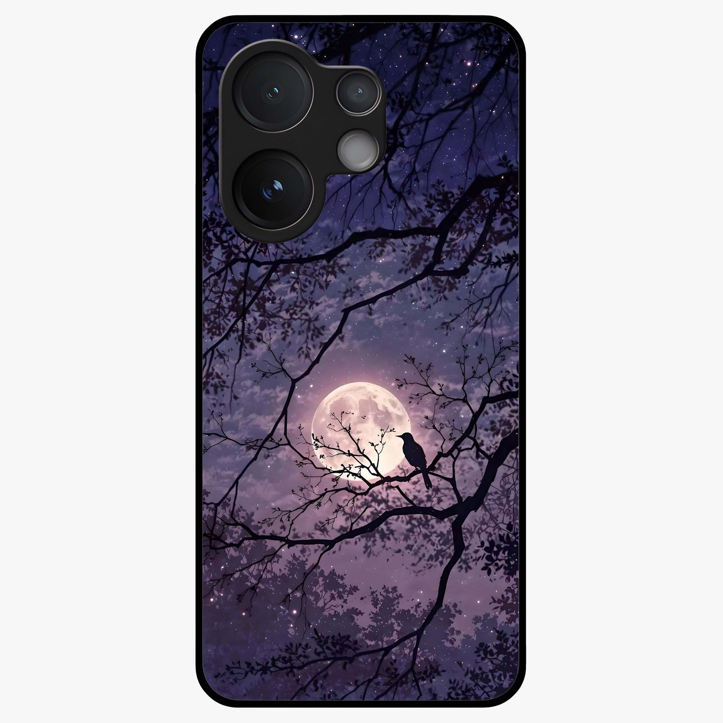Whispering Moon Silence Glass Case showing flat back view with serene moon themed artwork and glossy glass finish.