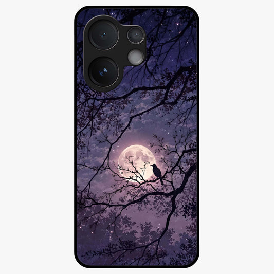 Whispering Moon Silence Glass Case showing flat back view with serene moon themed artwork and glossy glass finish.