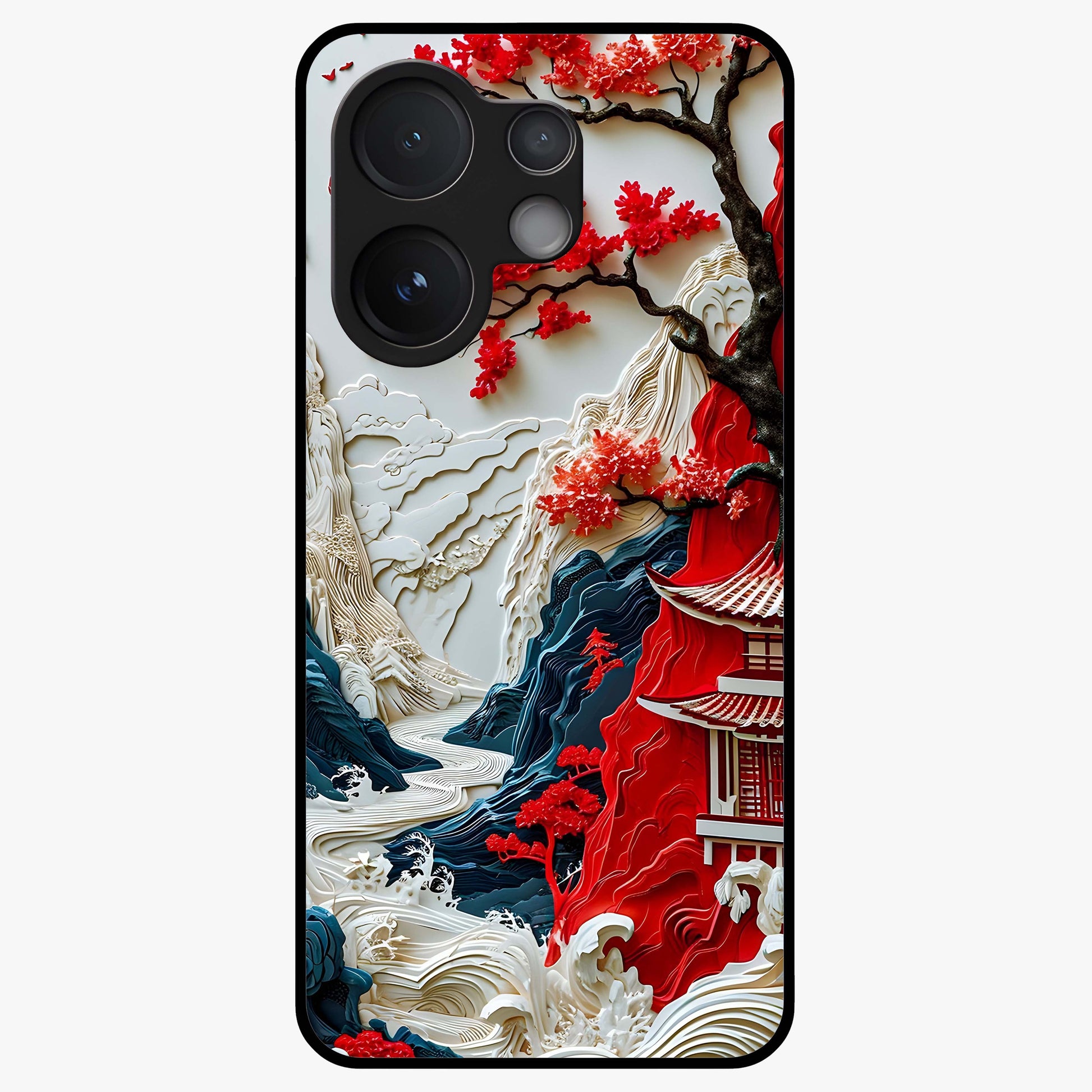 Whispers Of Sakura Waves Glass Case showing flat back view with cherry blossom wave artwork and glossy glass finish.