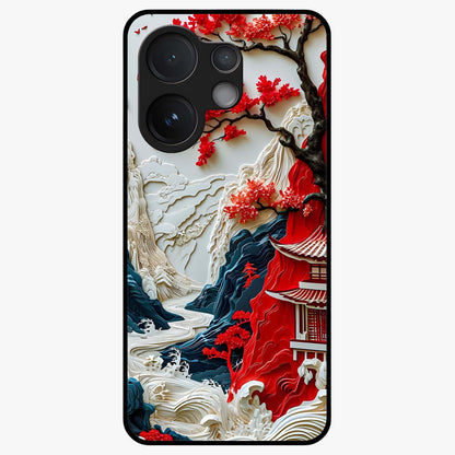 Whispers Of Sakura Waves Glass Case showing flat back view with cherry blossom wave artwork and glossy glass finish.