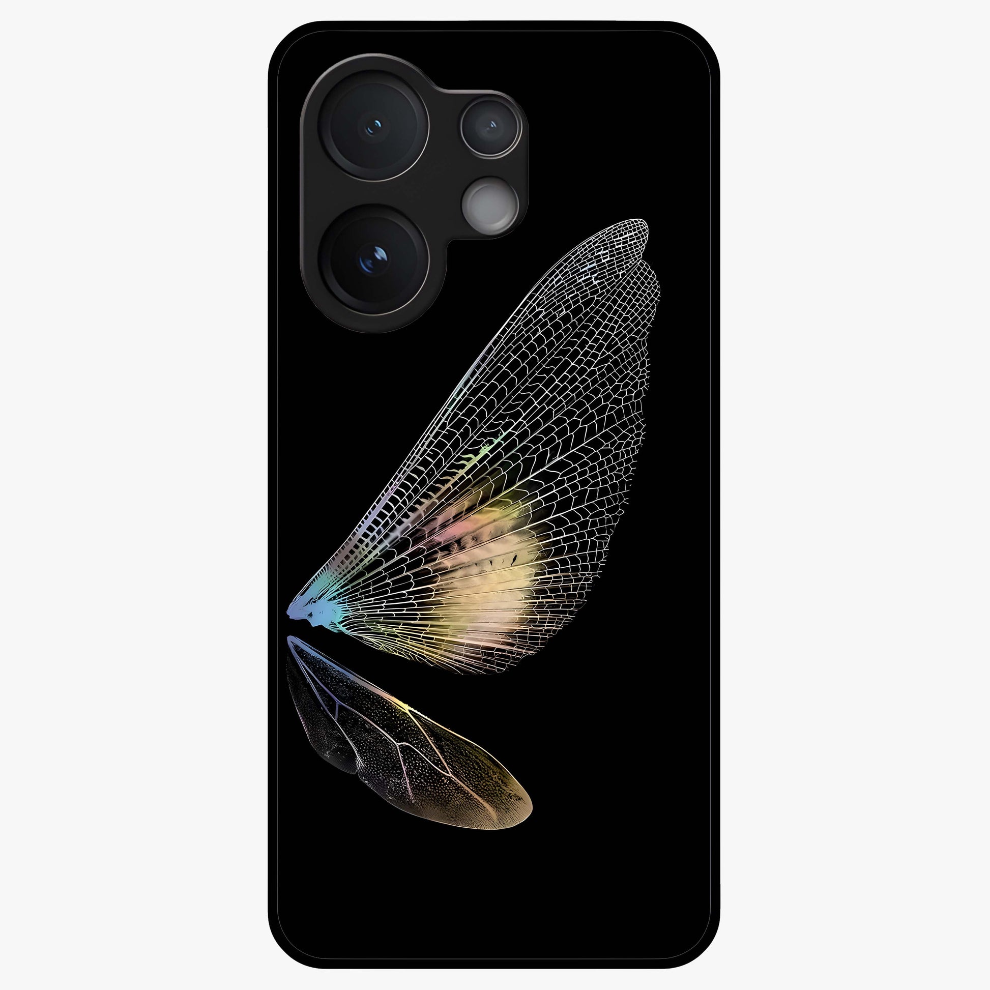 Whispers Of Wings Glass Case showing flat back view with graceful wing inspired artwork and glossy glass finish.