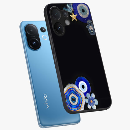 Aesthetic Blue Evil Eye Glass Case displayed in angled mockup highlighting blue evil eye symbol and spiritual aesthetic design.