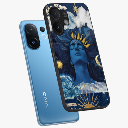 Aesthetic Lord Shiva Glass Case displayed in angled mockup highlighting spiritual Shiva illustration and sacred aesthetic design.