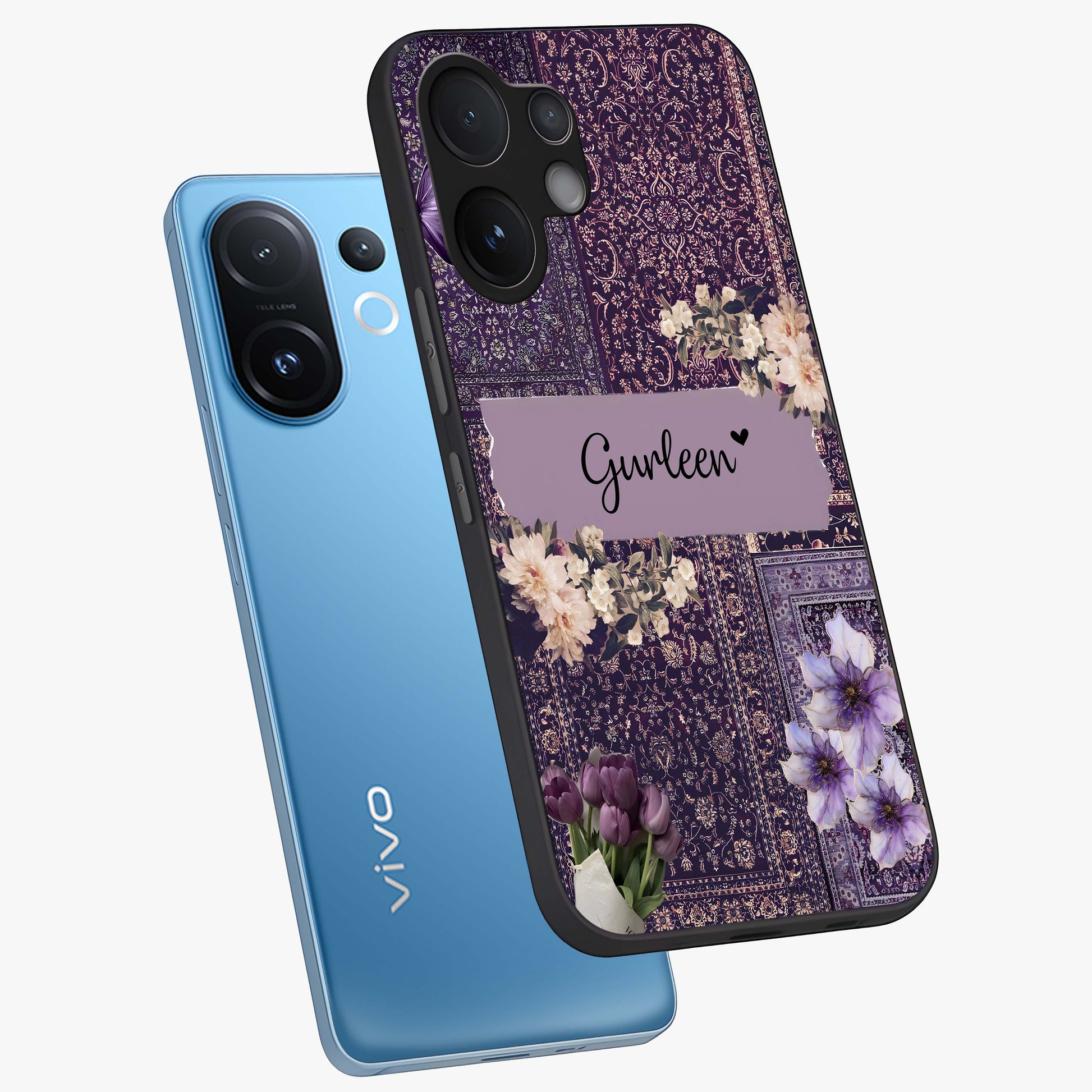 Antique Floral Whisper Custom Name Glass Case displayed in angled mockup highlighting elegant antique floral aesthetic.