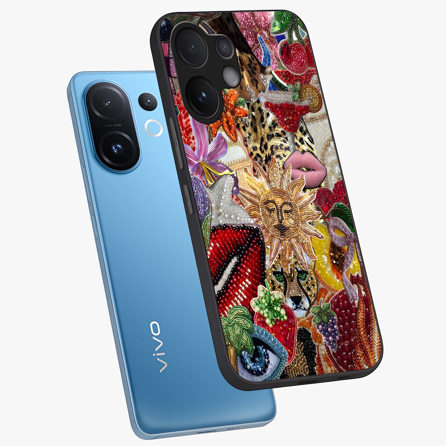 Beaded Fashion Jungle Glass Case displayed in angled mockup highlighting colorful fashion bead design and artistic pattern.