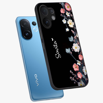 Black Elegance Floral Custom Name Glass Case displayed in angled mockup highlighting dark floral aesthetic and custom name feature.
