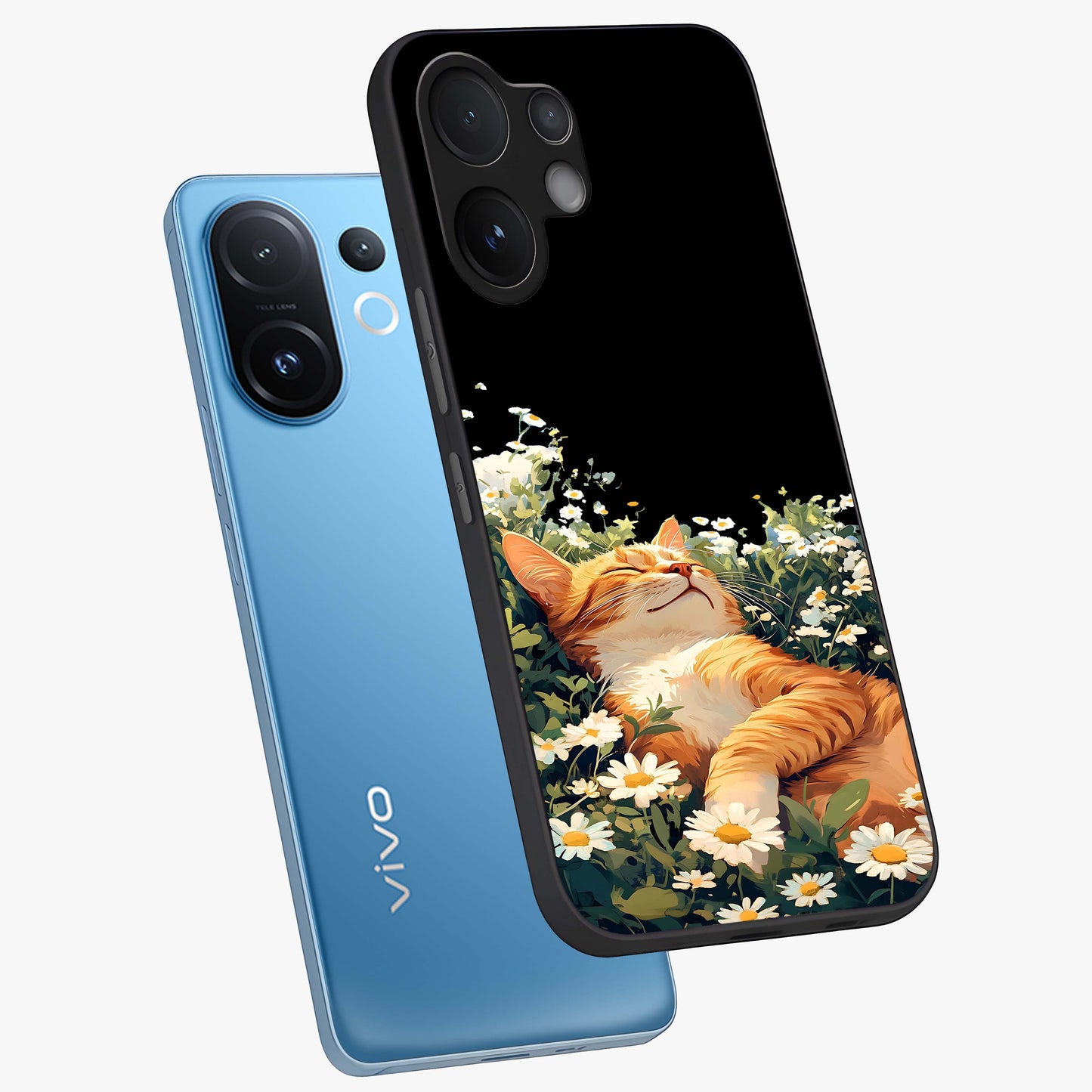 Blissful Bloom Cat Glass Case displayed in angled mockup highlighting playful feline illustration with soft floral aesthetic.