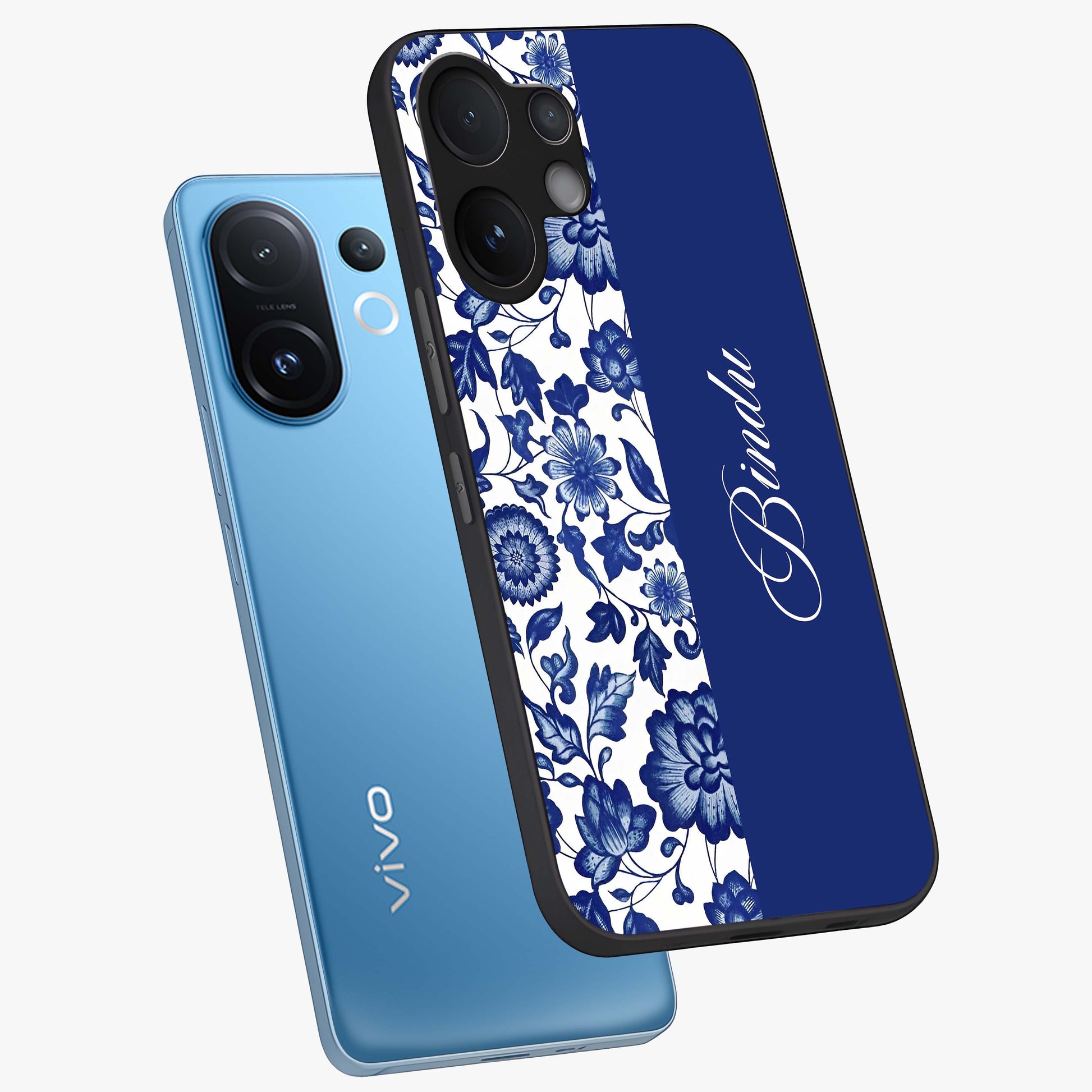 Blue Vintage Floral Pattern Glass Case displayed in angled mockup highlighting subtle bloom pattern with aesthetic pastel design.