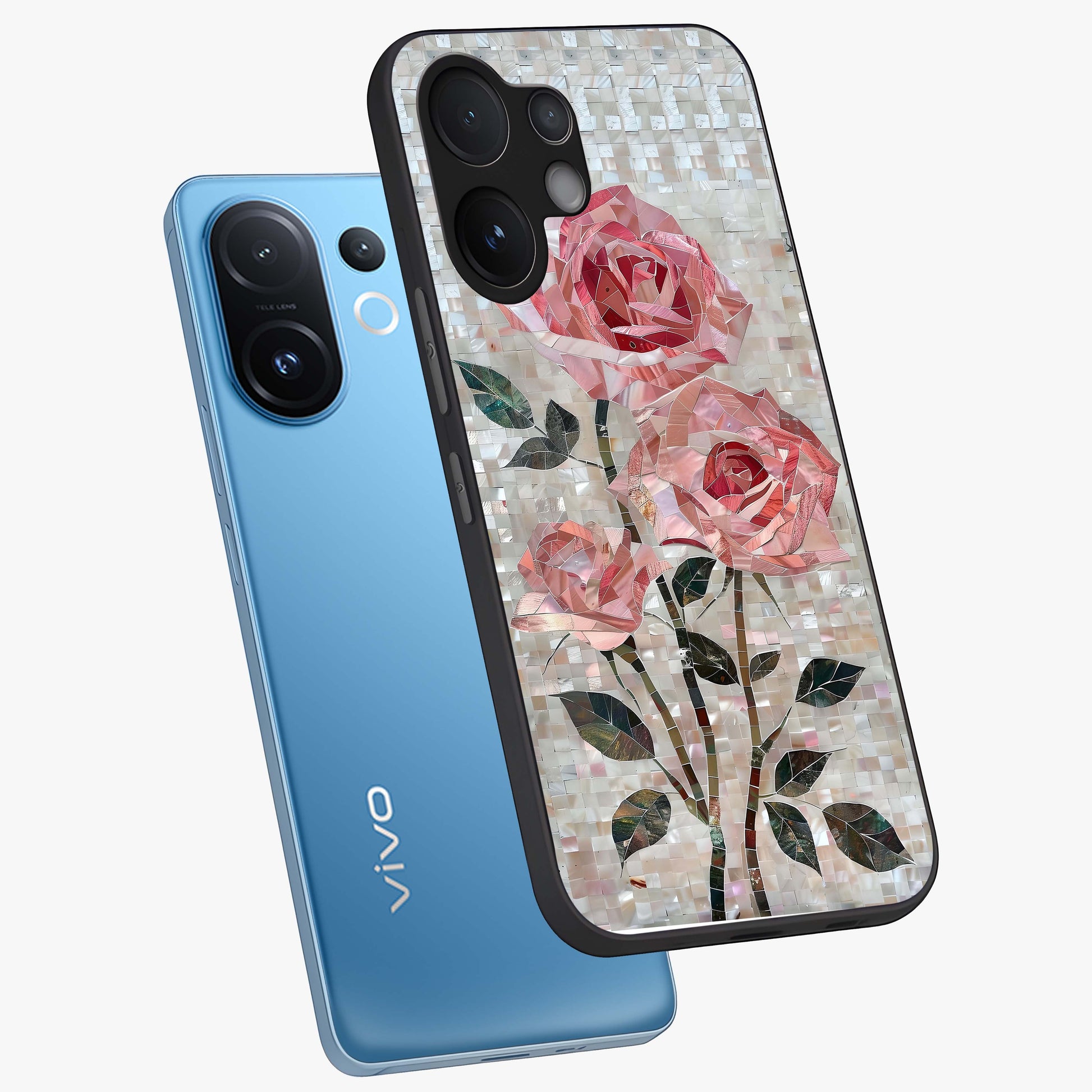 Blush Mosaic Bloom Glass Case displayed in angled mockup highlighting artistic mosaic flower pattern with aesthetic design.
