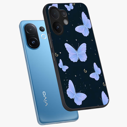 Butterfly With Stars Pattern Glass Case displayed in angled mockup highlighting dreamy butterfly and star design with aesthetic theme.