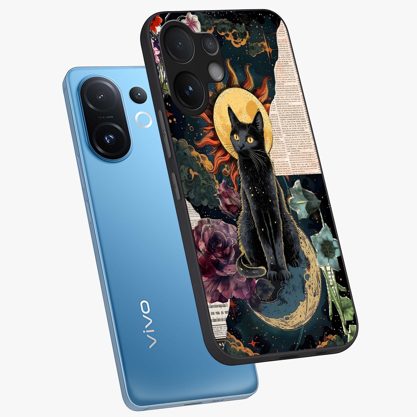 Celestial Black Cat Glass Case displayed in angled mockup highlighting cosmic black cat design with celestial aesthetic.