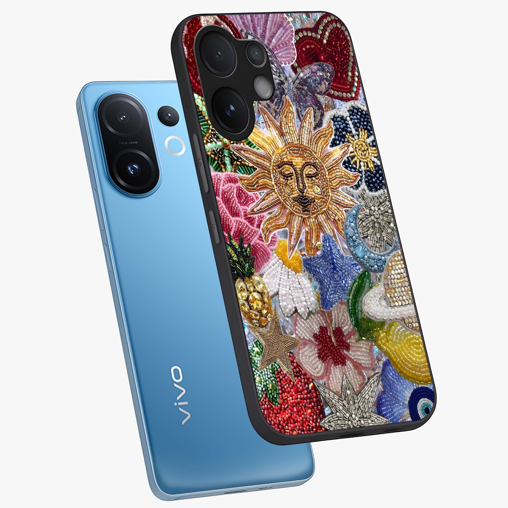 Celestial Floral and Playful Glass Case displayed in angled mockup highlighting playful floral design with dreamy celestial elements.